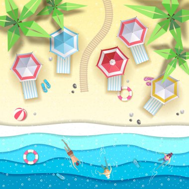 Üstten Görünüm tropic yaz Beach ile okyanus arka plan. Kağıt kesme sanat tasarım