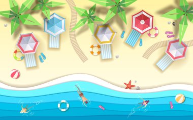 Üstten Görünüm tropic yaz Beach ile okyanus arka plan. Kağıt kesme sanat tasarım