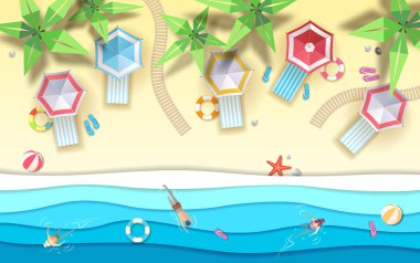 Üstten Görünüm tropic yaz Beach ile okyanus arka plan. Kağıt kesme sanat tasarım