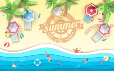 Üstten Görünüm tropic yaz Beach ile okyanus arka plan. Kağıt kesme sanat tasarım