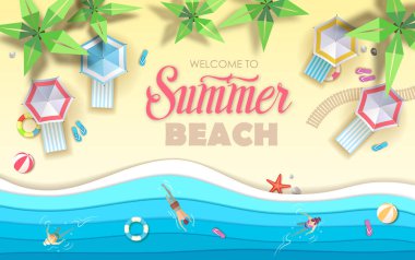 Üstten Görünüm tropic yaz Beach ile okyanus arka plan. Kağıt kesme sanat tasarım