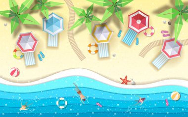 Üstten Görünüm tropic yaz Beach ile okyanus arka plan. Kağıt kesme sanat tasarım