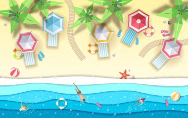 Üstten Görünüm tropic yaz Beach ile okyanus arka plan. Kağıt kesme sanat tasarım