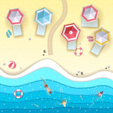 Üstten Görünüm tropic yaz Beach ile okyanus arka plan. Kağıt kesme sanat tasarım