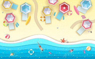 Üstten Görünüm tropic yaz Beach ile okyanus arka plan. Kağıt kesme sanat tasarım