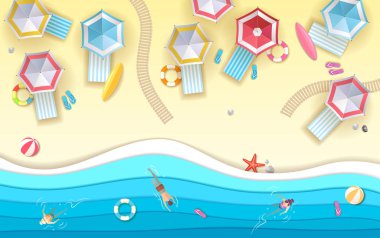Üstten Görünüm tropic yaz Beach ile okyanus arka plan. Kağıt kesme sanat tasarım