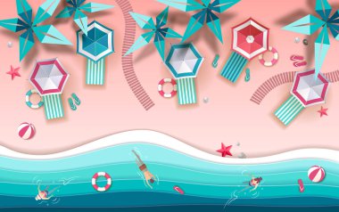 Üstten Görünüm tropic yaz Beach ile okyanus arka plan. Kağıt kesme sanat tasarım