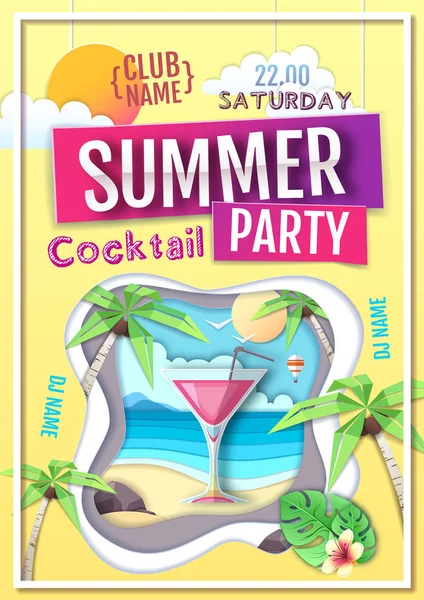 Disco summer cocktail party poster. Paper cut out art style design — Stock Vector