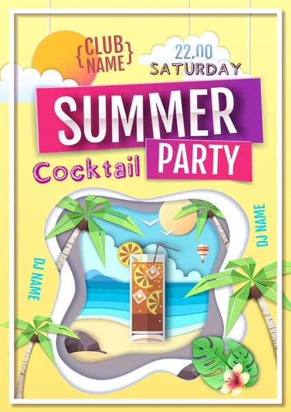 Disco cartaz de festa de verão. Papel cortar design de estilo de arte —  Vetores de Stock