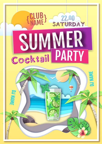 Discoteca estate cocktail party poster. Carta ritagliato design stile arte — Vettoriale Stock