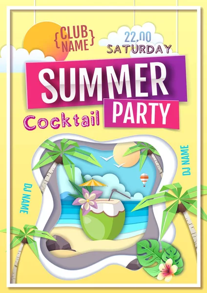 Disco Sommer Cocktail Party Poster. Papier ausgeschnitten Art Style Design — Stockvektor