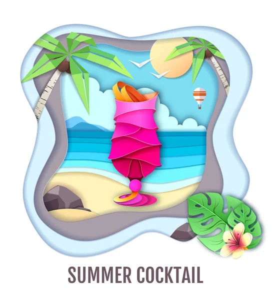 Tropic cocktail di lanskap pantai laut. Kertas memotong gaya seni - Stok Vektor