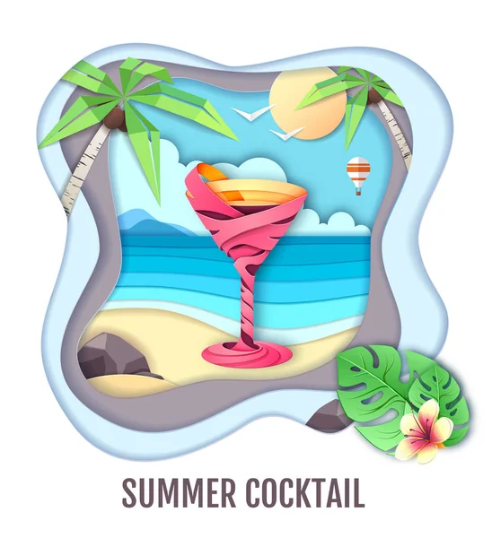Tropic cocktail on sea beach landscape. Paper cut out art style — Stock Vector