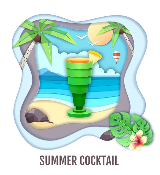 Tropic cocktail på hav strand landskap. Papper skära ut konststil — Stock vektor