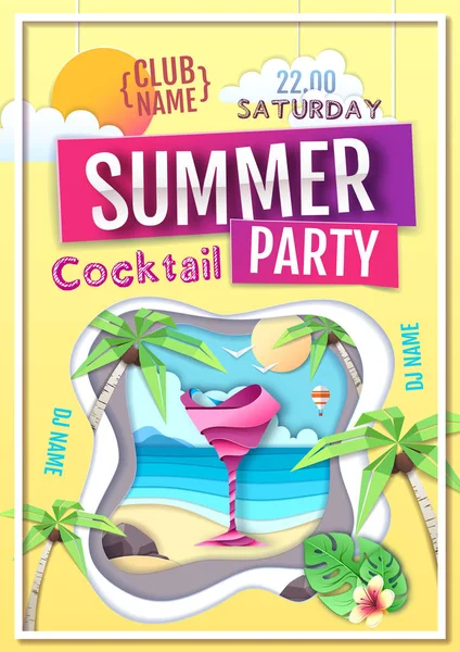 Disco Sommer Cocktail Party Poster. Papier ausgeschnitten Art Style Design — Stockvektor