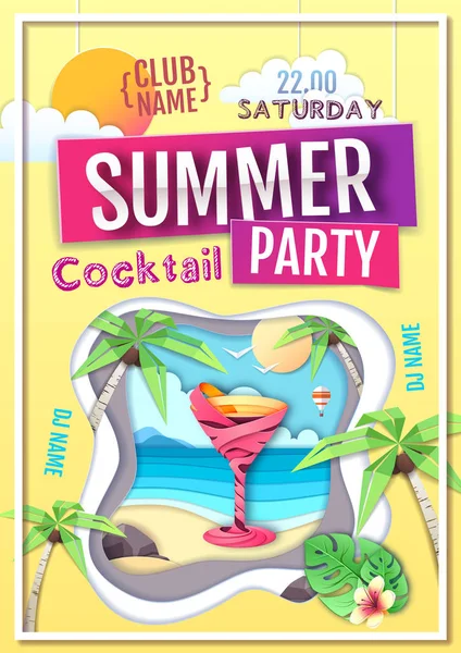 Disco summer cocktail party poster. Paper cut out art style design — Stock Vector