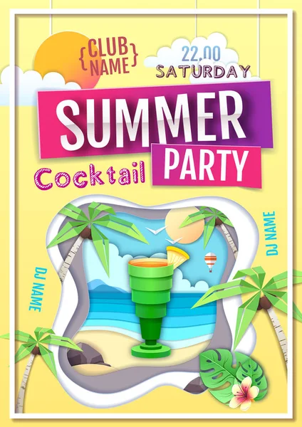 Disco summer cocktail party poster. Paper cut out art style design — Stock Vector