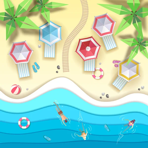 海を背景に熱帯の夏のビーチの平面図です。アート デザインをカット紙 — ストックベクタ