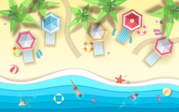 Üstten Görünüm tropic yaz Beach ile okyanus arka plan. Kağıt kesme sanat tasarım