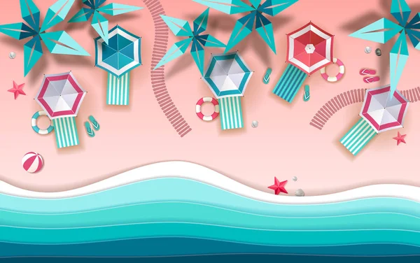 Üstten Görünüm tropic yaz Beach ile okyanus arka plan. Kağıt kesme sanat tasarım — Stok Vektör