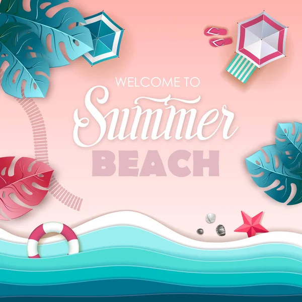 Top view of tropic summer beach with ocean background. Paper cut out art design — Stock Vector