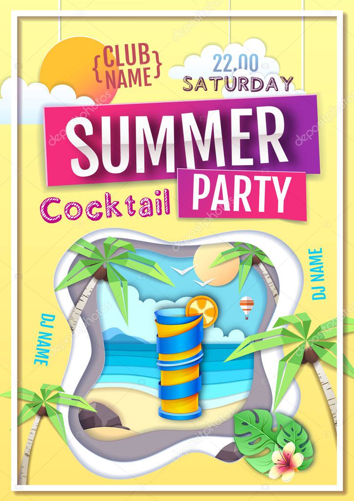 Disco summer cocktail party poster. Paper cut out art style design