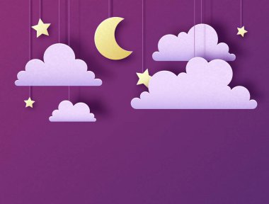 Gece gökyüzünde yıldızlar, bulutlar ve ay ile. Kesme kağıt sanat tarzı tasarım