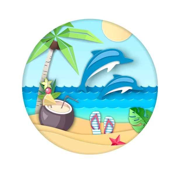 Delfín skákání z vody na pláži pozadí. Vystřižené z papíru umění styl designu — Stockový vektor