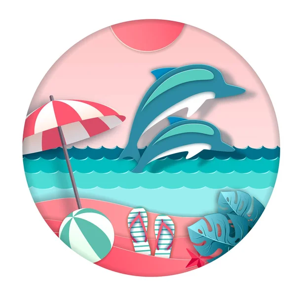 Dolphin jumping out of the water on beach background. Cut out paper art style design