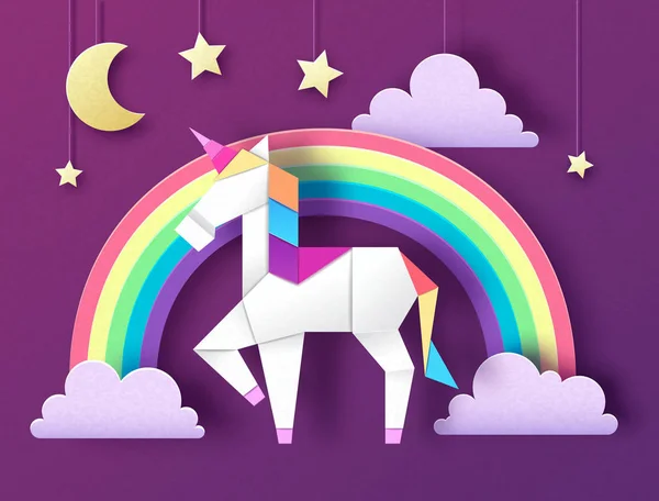 Fantasy djur häst enhörning med regnbåge. Klipp ut papper konst stil design. Origami — Stock vektor