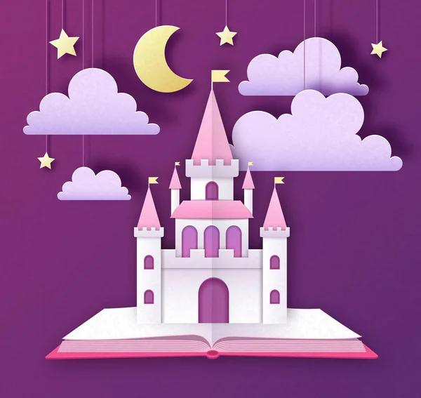 Libro di fiabe aperto con castello con nuvole, stelle e luna. Ritagli il progetto di stile artistico di carta. Origami — Vettoriale Stock