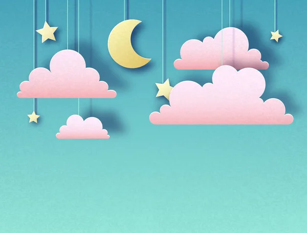 Natthimlen med månen, stjärnor och moln. Klipp ut papper konst stil design — Stock vektor