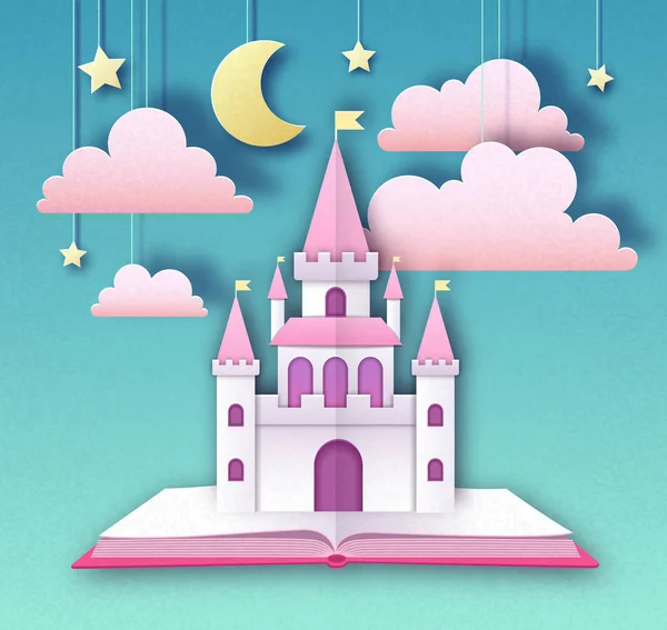 Öppna saga bok med slottet med moln, stjärnor och månen. Klipp ut papper konst stil design. Origami — Stock vektor