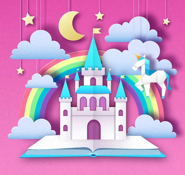 Fantasy animale cavallo unicorno con arcobaleno. Ritagli il progetto di stile artistico di carta. Origami — Vettoriale Stock