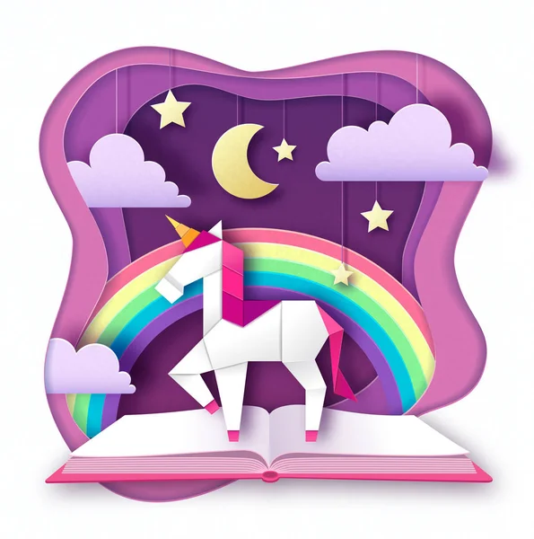 Fantasy animal horse unicorn with rainbow. Cut out paper art style design. Origami