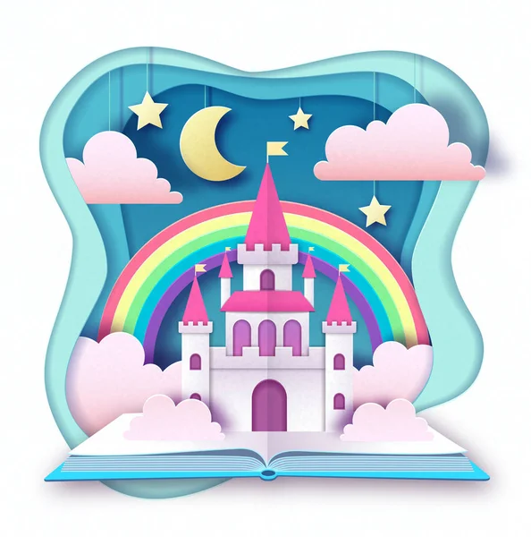 Libro di fiabe aperto con castello con nuvole, stelle e luna. Ritagli il progetto di stile artistico di carta. Origami — Vettoriale Stock
