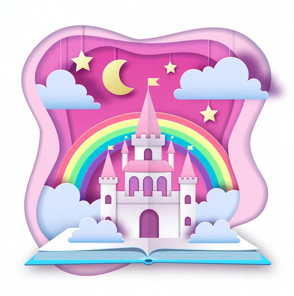 Otwórz bajki książki z zamku z chmury, gwiazdy i księżyc. Wyciąć projekt styl sztuki papieru. Origami — Wektor stockowy