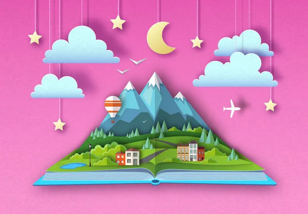 开放童话书与乡村山风景。剪掉纸艺风格设计 — 图库矢量图片