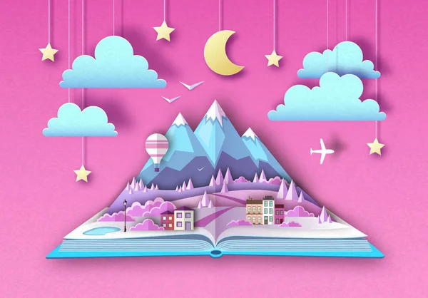 开放童话书与乡村山风景。剪掉纸艺风格设计 — 图库矢量图片