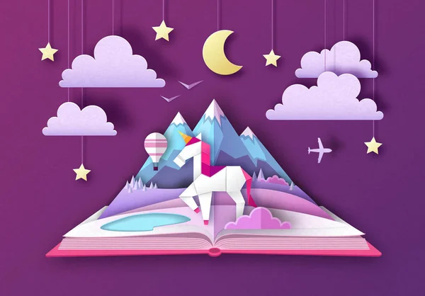 Unicorn ve dağ manzarası ile açık peri masalı kitabı. Kağıt sanat tarzı tasarım kes — Stok Vektör