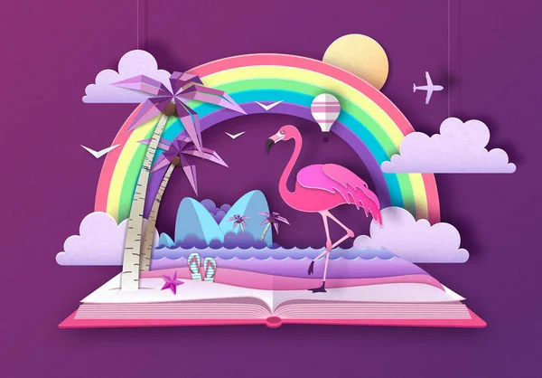 Open Fairy Tale boek met Flamingo en Tropic Beach landschap. Cut out papier kunststijl ontwerp — Stockvector