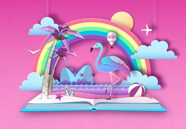 Öppna sago bok med Flamingo och Tropic strand landskap. Klipp ut papper konst stil design — Stock vektor