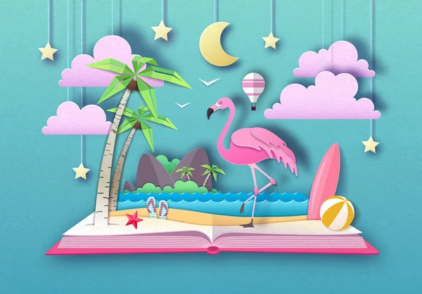 Öppna sago bok med Flamingo och Tropic strand landskap. Klipp ut papper konst stil design — Stock vektor