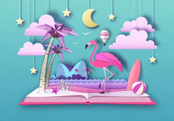 Flamingo ve Tropic plaj peyzaj ile açık peri masalı kitap. Kağıt sanat tarzı tasarım kes — Stok Vektör