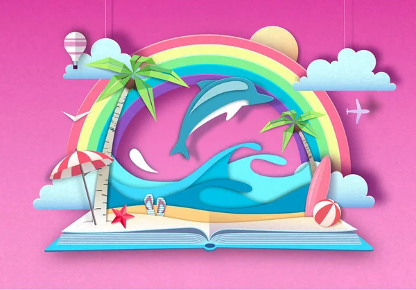Откройте книгу сказок с дельфином и тропическим пляжным пейзажем. Вырезать дизайн стиля бумажного искусства — стоковый вектор