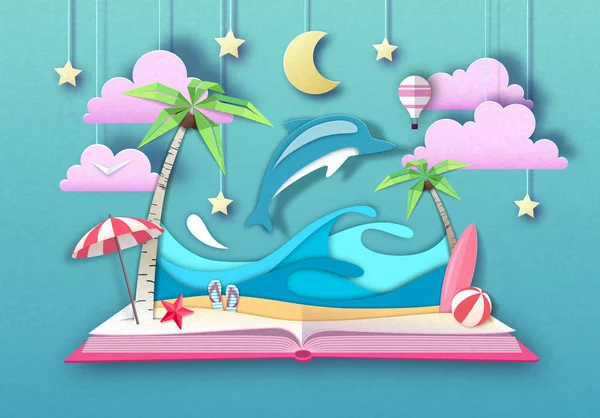 Откройте книгу сказок с дельфином и тропическим пляжным пейзажем. Вырезать дизайн стиля бумажного искусства — стоковый вектор