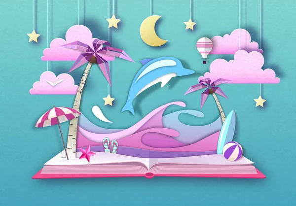 Livro de conto de fadas aberto com golfinho e paisagem de praia trópica. Corte design de estilo de arte de papel —  Vetores de Stock