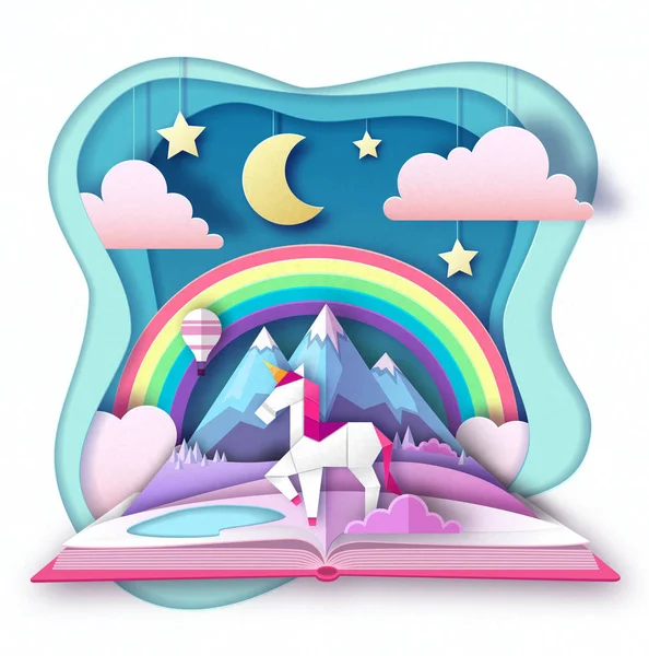 Open fairy tale book with unicorn and mountain landscape. Cut out paper art style design