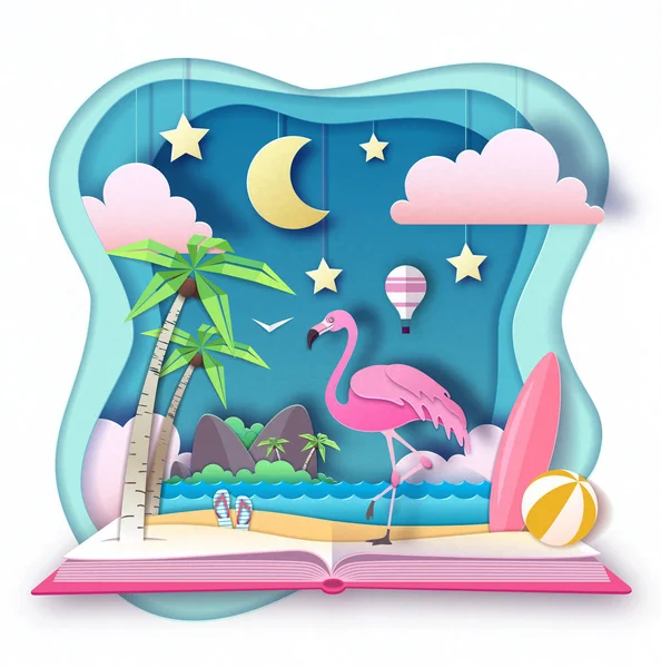 Otwarta książka z bajki z Flamingo i tropików krajobraz plaży. Wytnij wzór papieru w stylu art — Wektor stockowy