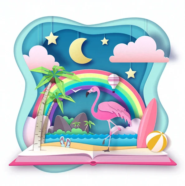 Open Fairy Tale boek met Flamingo en Tropic Beach landschap. Cut out papier kunststijl ontwerp — Stockvector